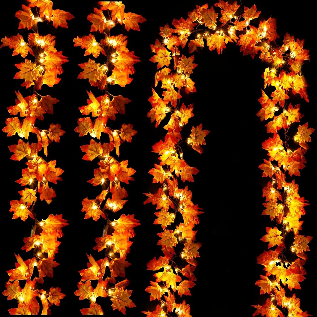Timer & 3-Pack 30Ft Fall Garland with 60 LED Lights – Battery Operated Realistic Maple Leaf Garland, Waterproof Thanksgiving, Halloween, and Christmas Decorations for Home Indoor & Outdoor